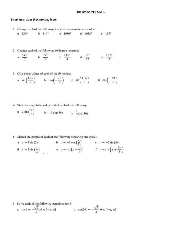 Y11 Maths Short Questions (Technology Free) | PDF
