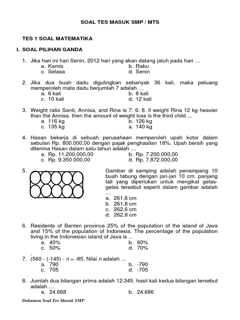 Soal Matematika Dasar Tes Masuk Sma