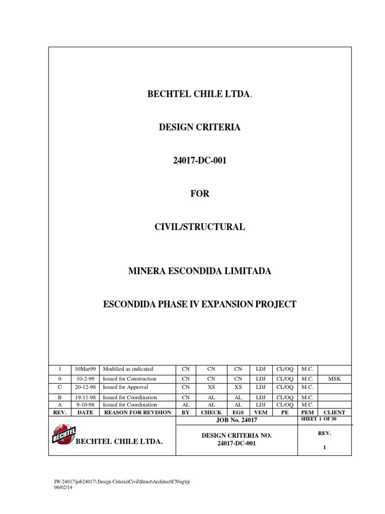 Civil Structural Design Criteria for Escondida | PDF | Structural Load ...