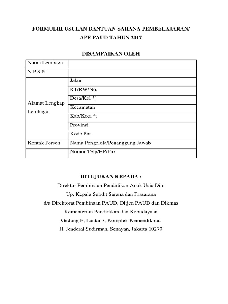 3 Proposal Ape Paud Formulir Usulan Ape 2017 Docx