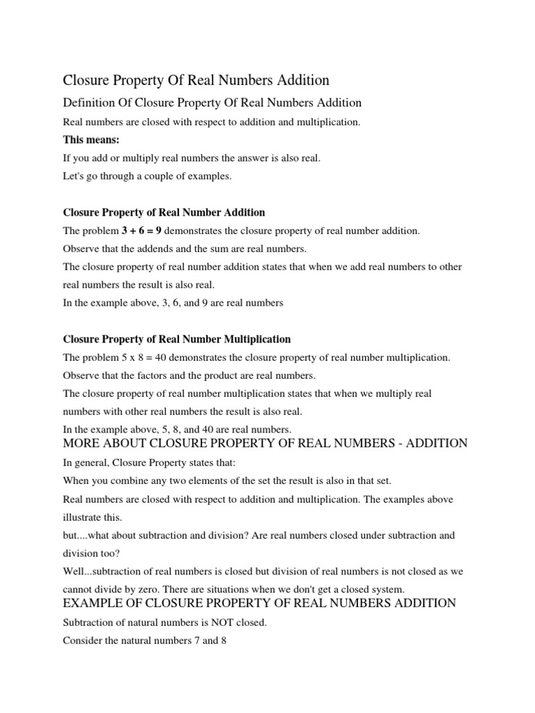 Closure property of real numbers addition fraction mathematics