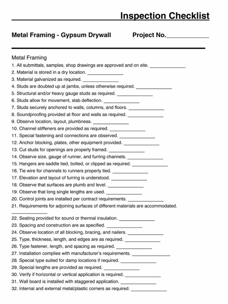 Inspection Checklist Metal Framing Gypsum Drywall
