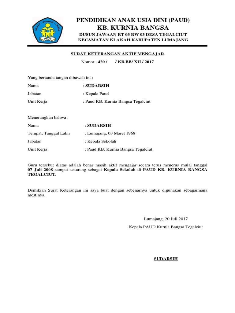 Paud Kb Kurnia Bangsa Tegalciut Surat Keterangan Aktif Mengajar