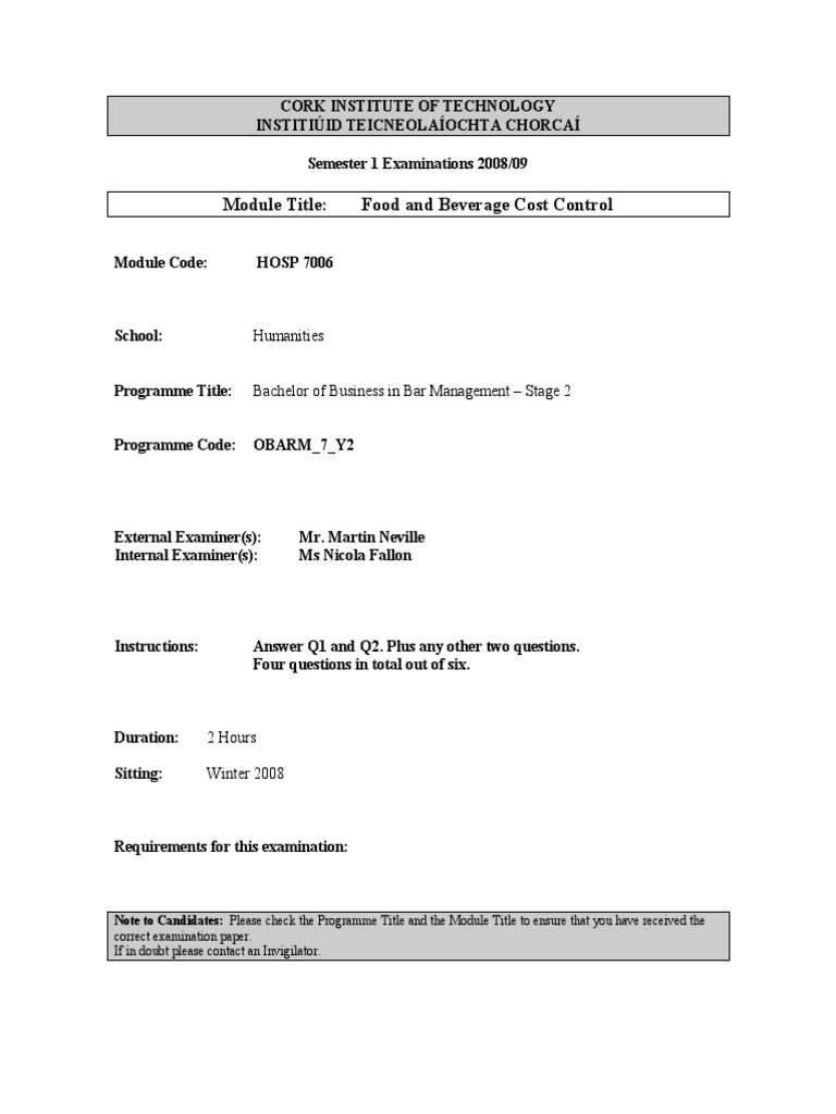 Food & Beverage Cost Control PDF Download Free PDF Profit