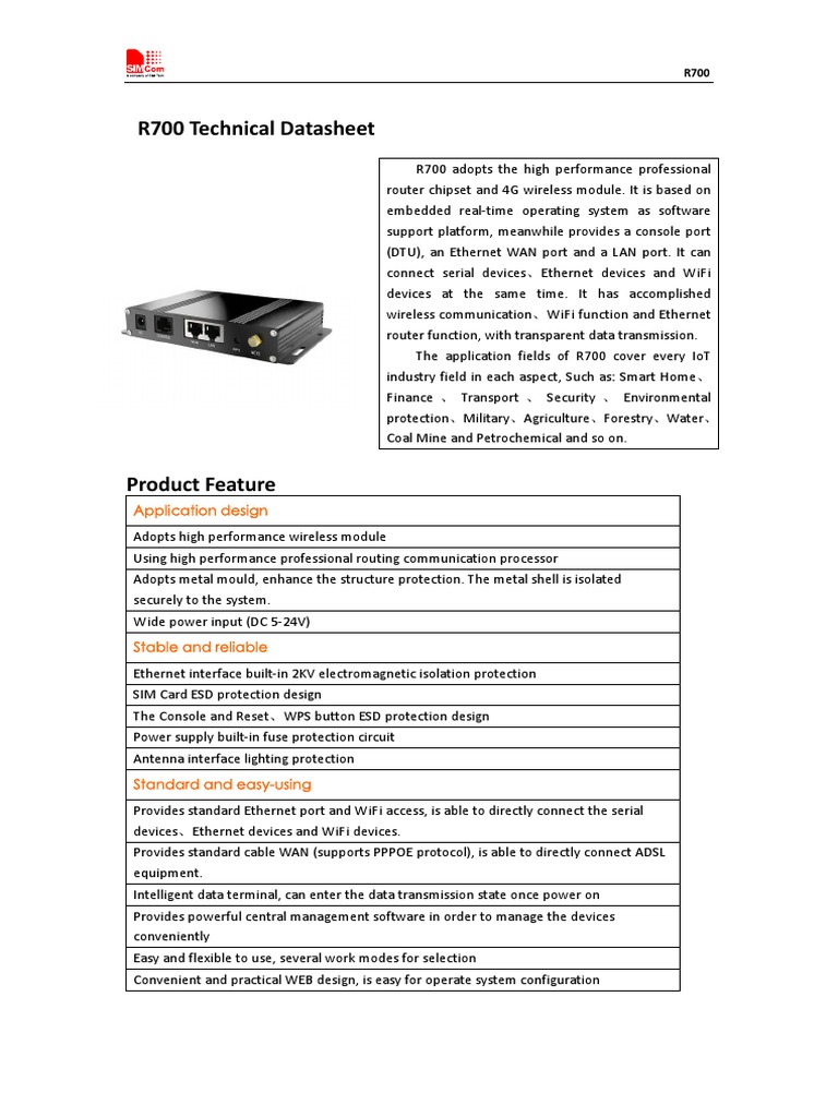 R700 Router Technical Datasheet | PDF | Wi Fi | Virtual Private Network