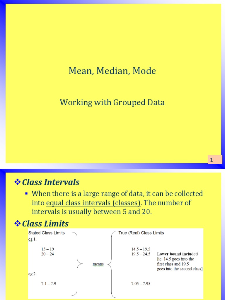 Mean, Median and Mode Grouped Data | PDF | Mode (Statistics) | Median