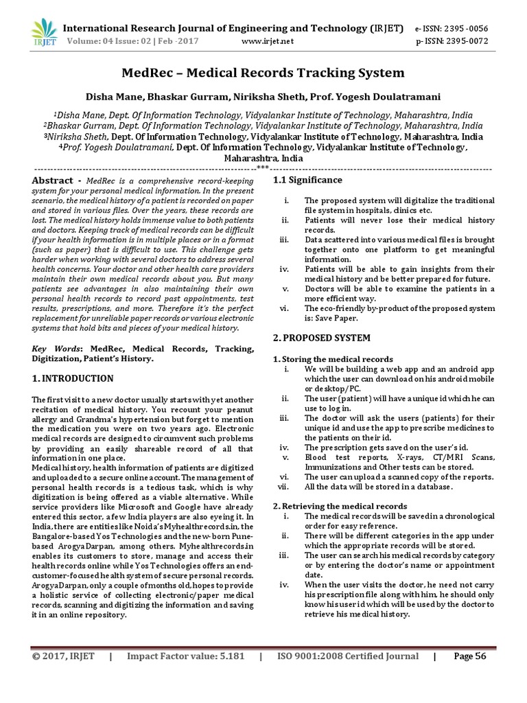 MedRec Medical Records Tracking System PDF Medical Record