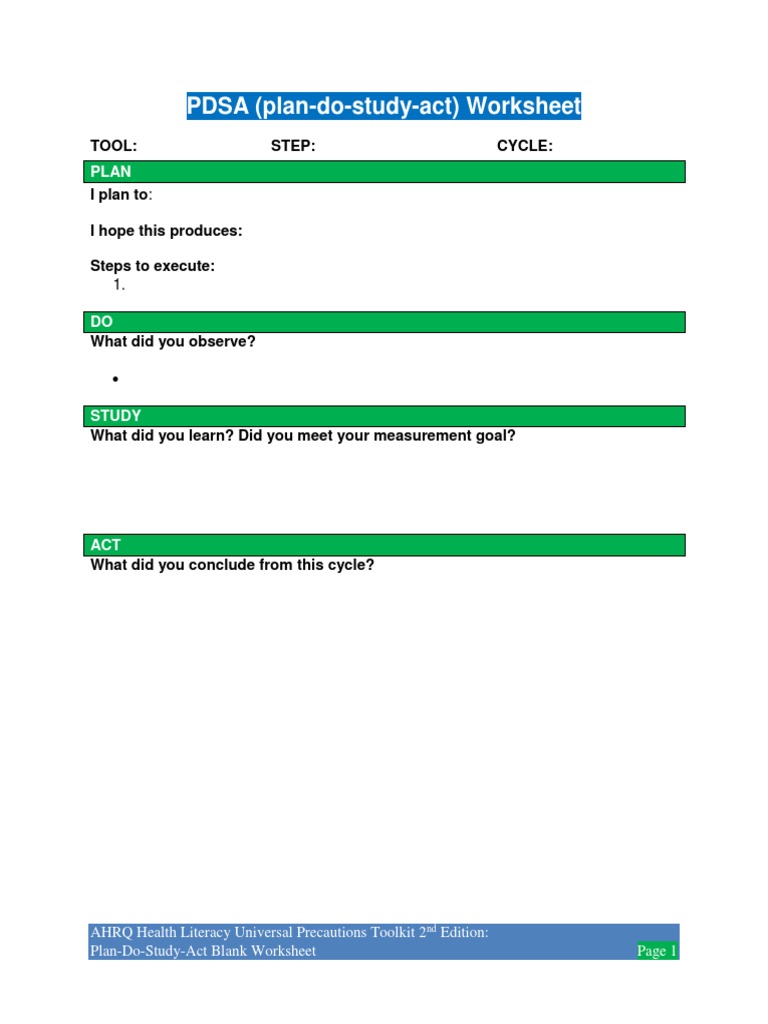 PDSA (Plan-Do-Study-Act) Worksheet: Tool: Step: Cycle | PDF