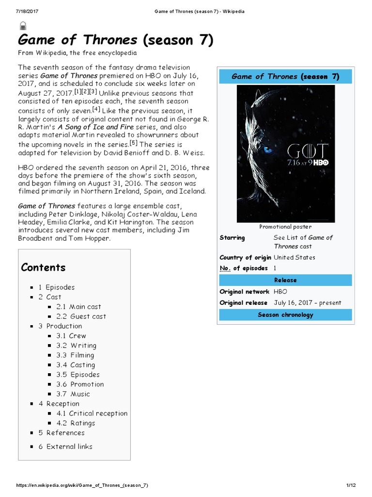 Game of Thrones (Season 7) - Wikipedia | PDF | A Song Of Ice And Fire ...