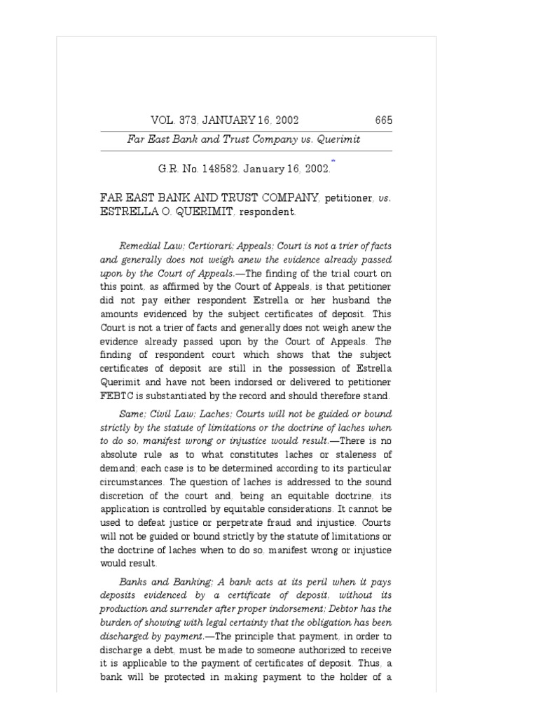 03 Far East Bank V Querimit PDF Laches (Equity) Equity (Law)