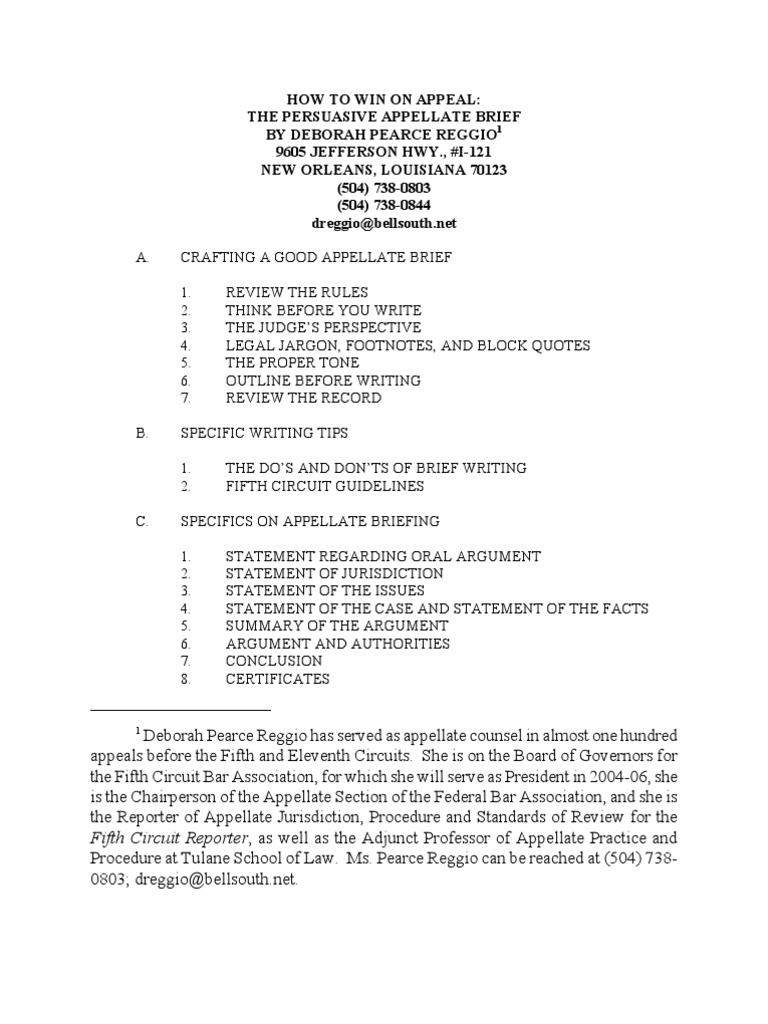 Appellate Brief Outline Sample