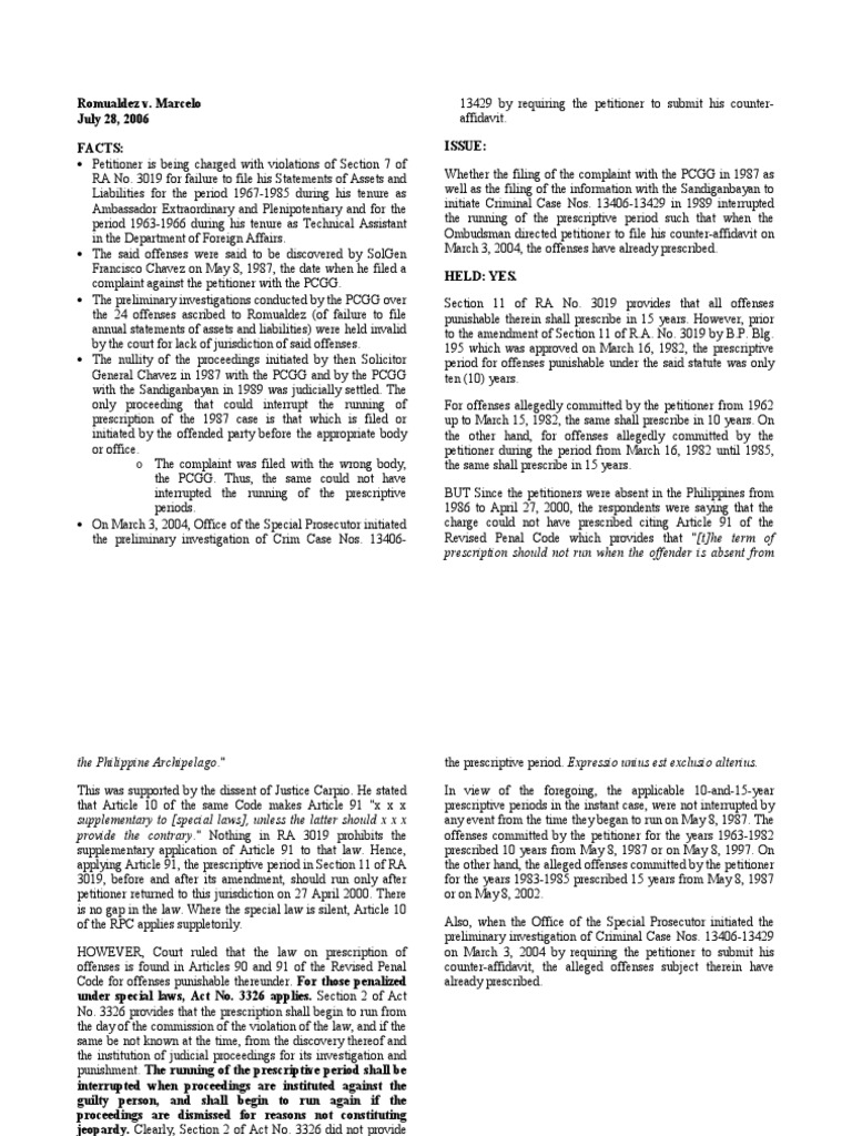 Romualdez v Marcelo digest Statute Of Limitations Crimes