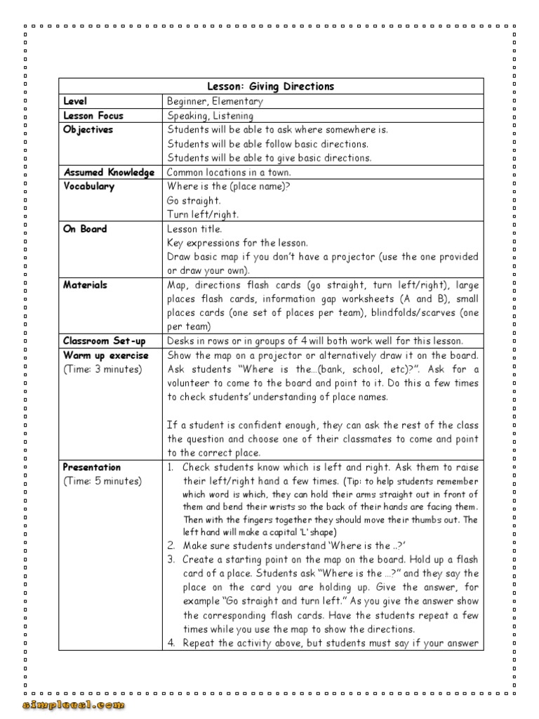 Giving Directions Lesson Plan Pdf Classroom Learning