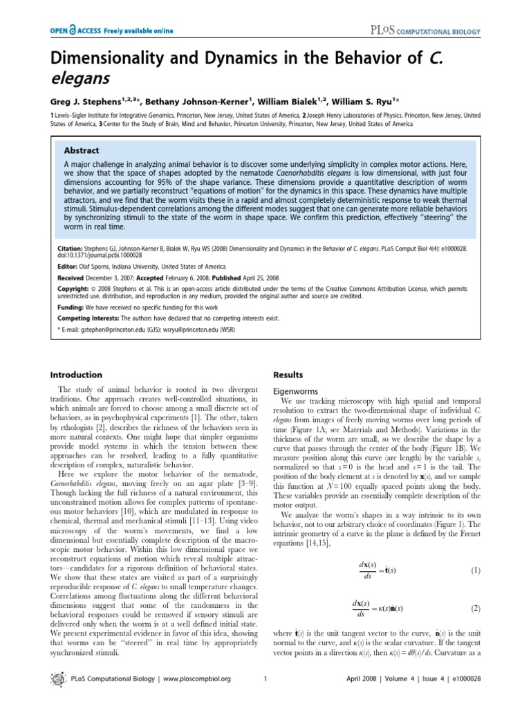 Dimensionality and Dynamics in C. Elegans Behavior | PDF | Dynamical ...