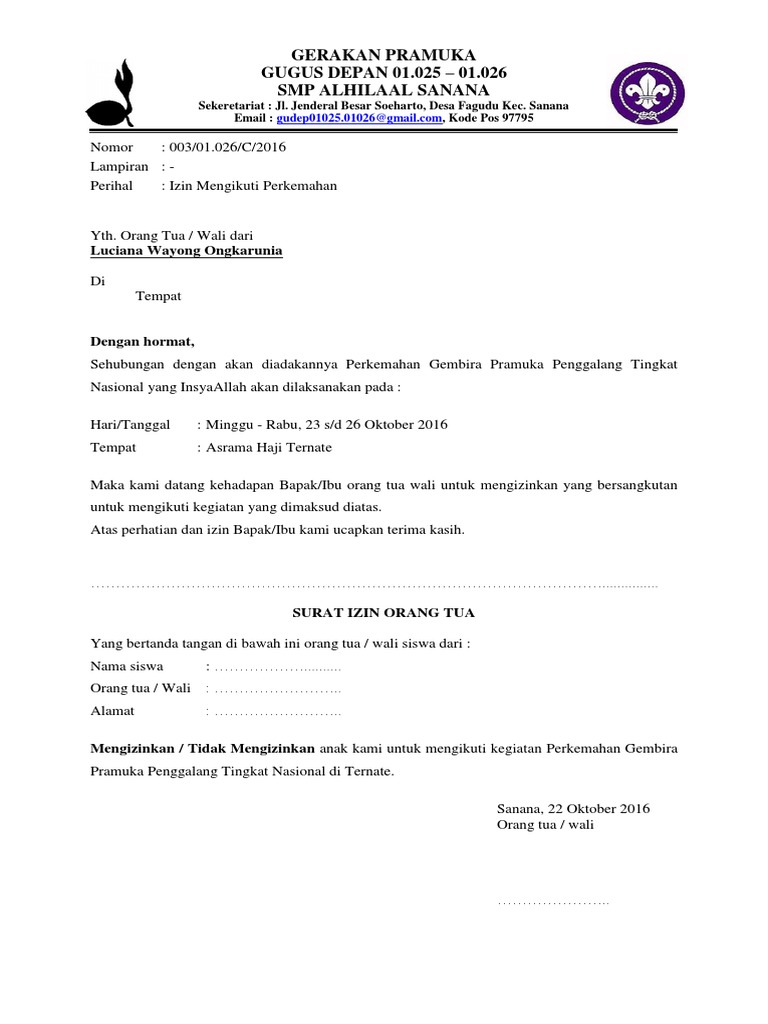 Surat Izin Pramuka Untuk Orang Tua