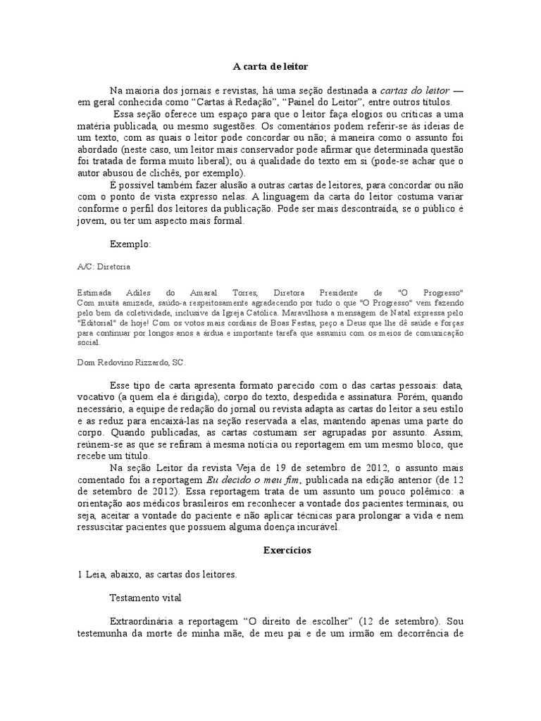 Qual é O Assunto Principal Dessa Carta De Leitor