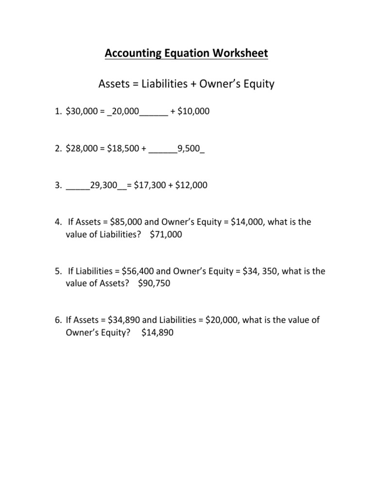 accounting equation worksheet | Equity (Finance) | Liability (Financial