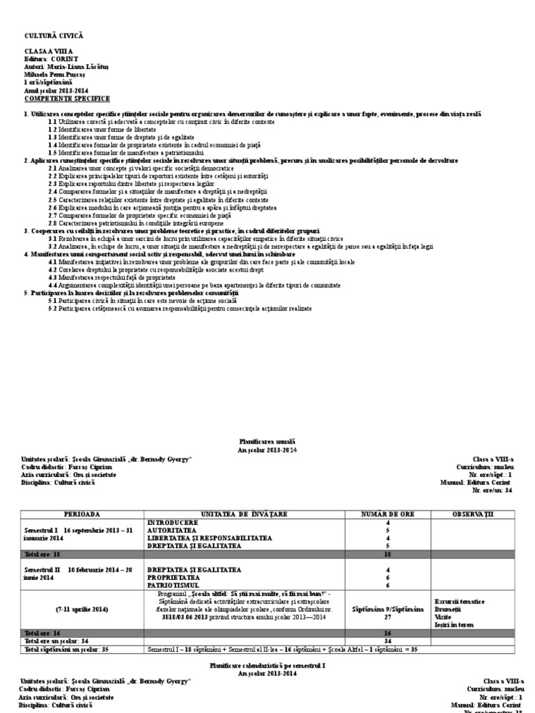 5b Cultură Civică Clasa 8 Planificare