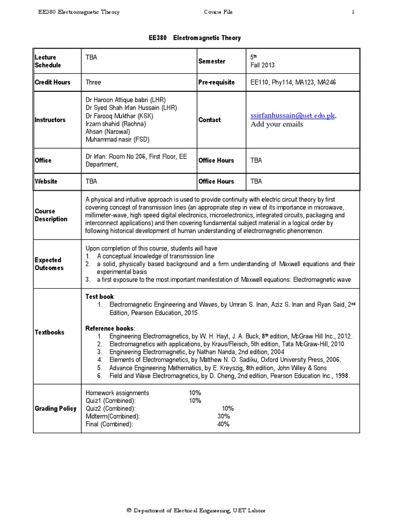EMT Course Outline 2016 Field Electric Current