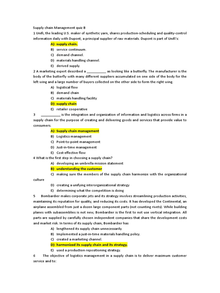 Supply Chain Management Quiz B | PDF | Supply Chain | Supply Chain ...