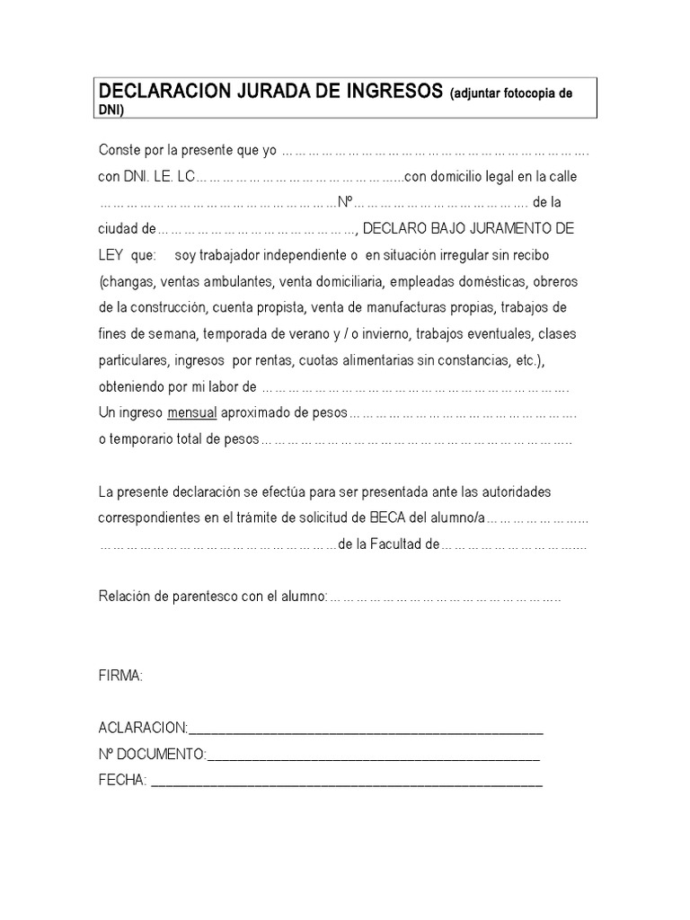 Declaracion Jurada de Ingresos | PDF