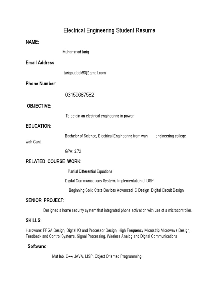 Electrical Engineering Student Resume: Name | PDF