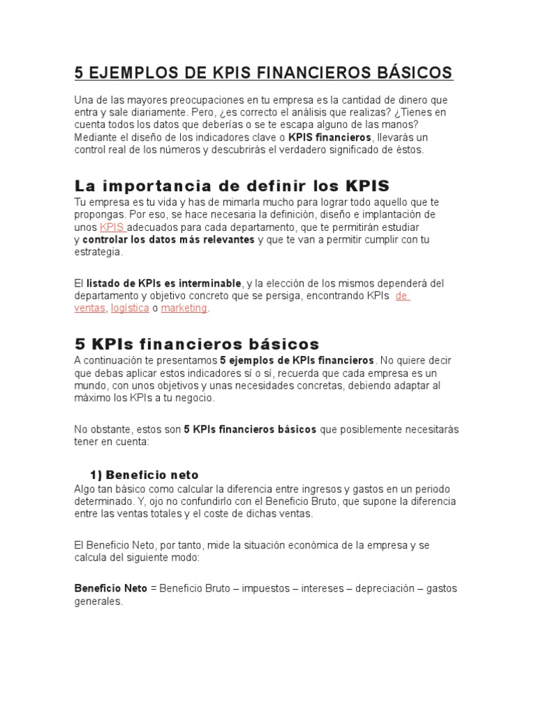 5 Ejemplos de Kpis Financieros Básicos | Beneficio (Economía ...