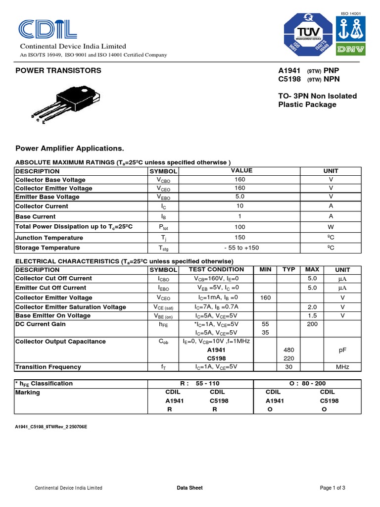 Datasheet A1941 Y C5198 | PDF | Bipolar Junction Transistor