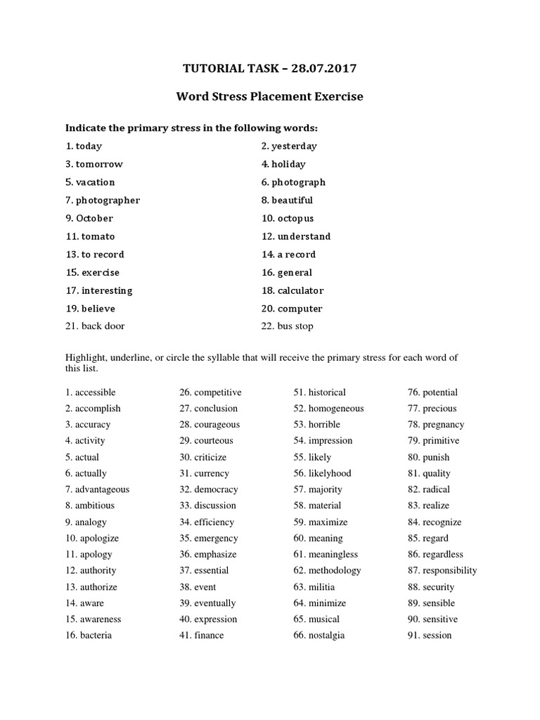 Word Stress Placement Exercises | PDF | Stress (Linguistics)