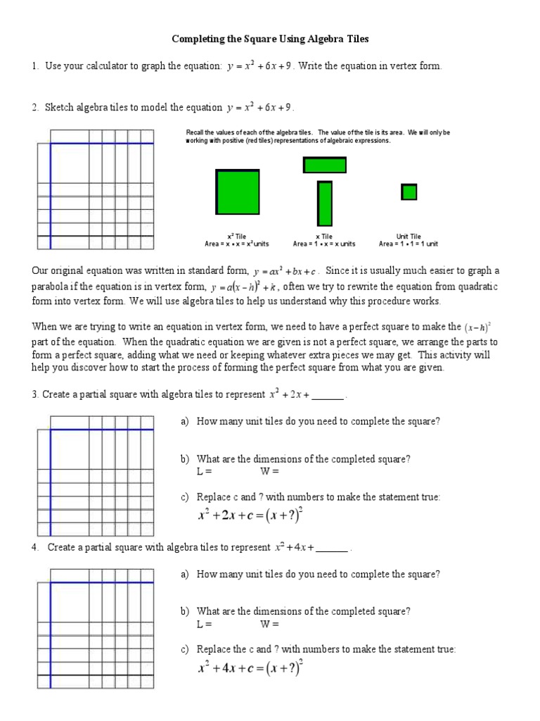 Completing the Square with Algebra Tiles | PDF | Elementary Mathematics ...