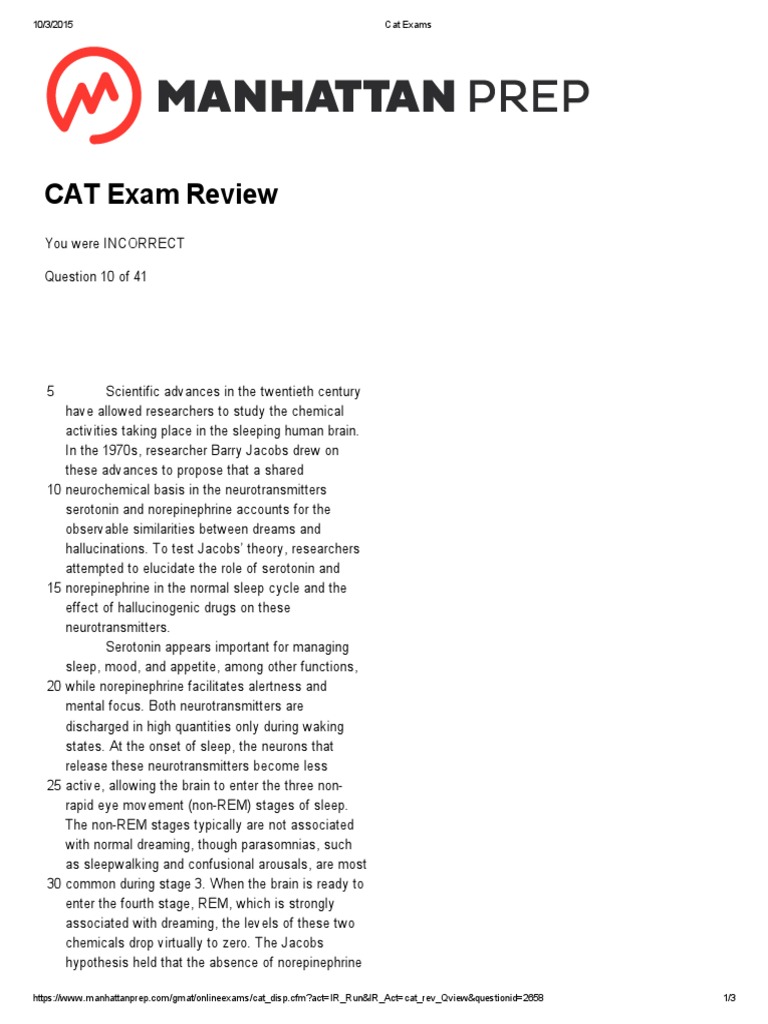 CAT Exam Review | PDF | Rapid Eye Movement Sleep | Neurotransmitter