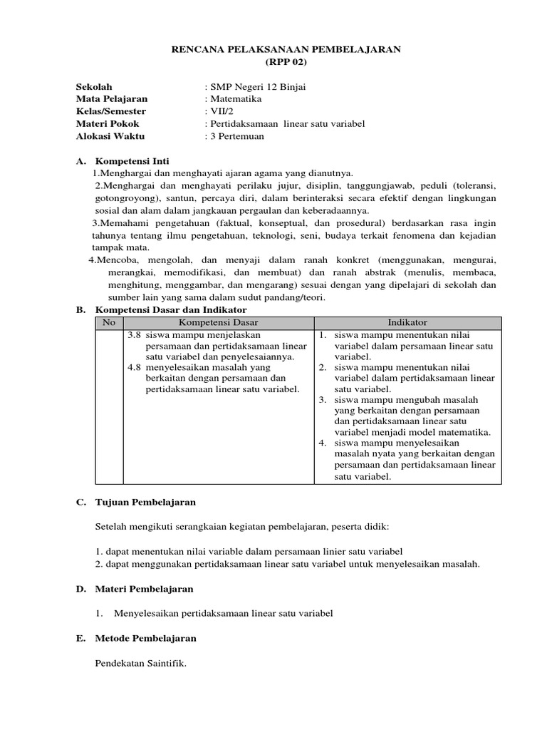 4 Rpp Mat Kelas 7 Semester 2 Pertidaksamaan Linear Satu Variabel