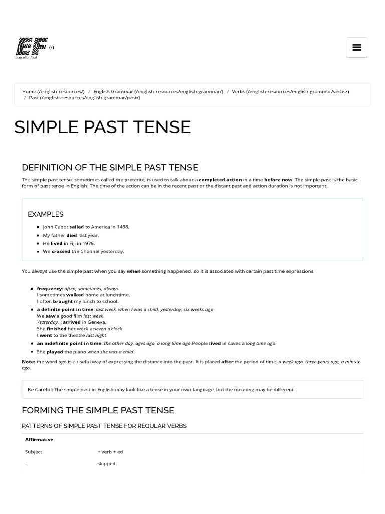 Simple Past Tense - English Grammar Guide | PDF | Grammatical Tense ...