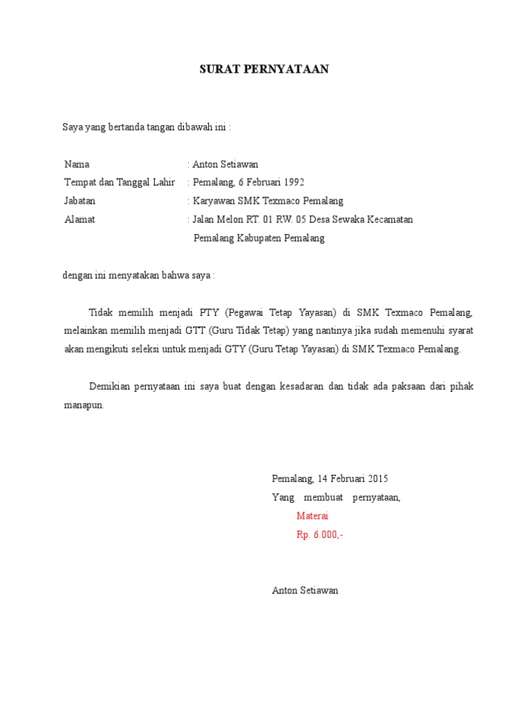 Form Surat Pernyataan Perjanjian Gtt
