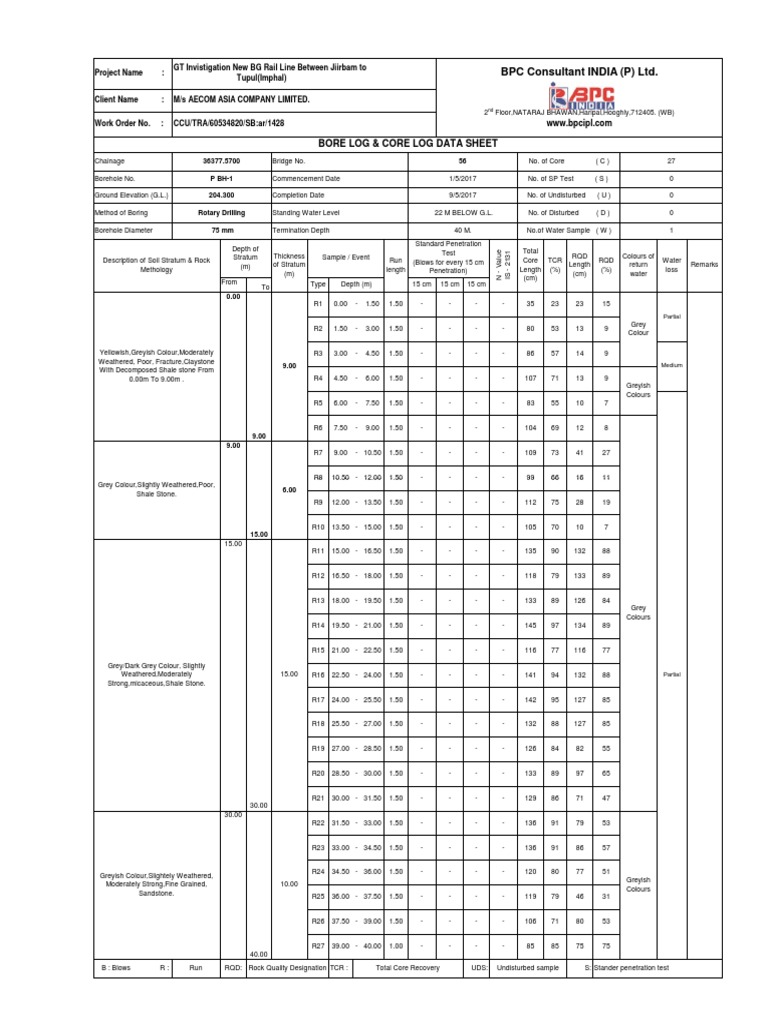 Bore Log & Core Log Data Sheet BPC Consultant INDIA (P) LTD PDF