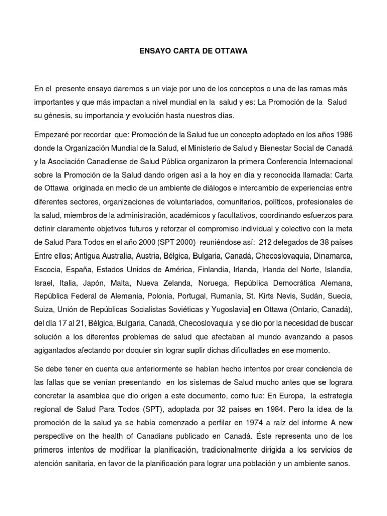 Ensayo Carta de Ottawa  Promoción de la salud  Canadá