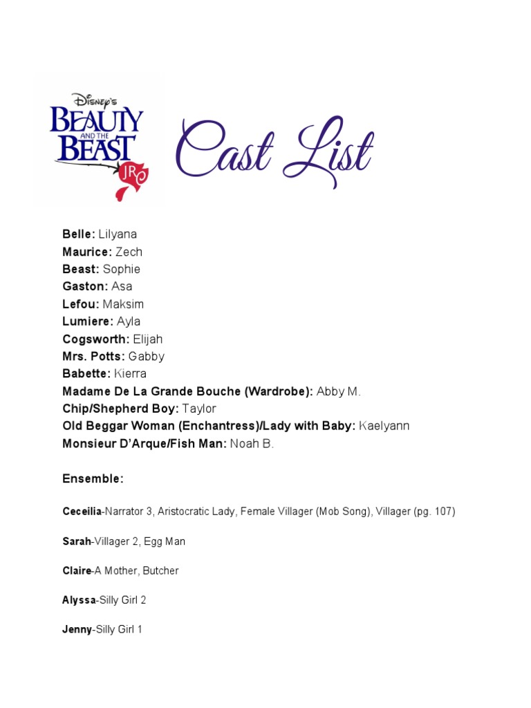 Beauty and The Beast Jr. Cast List PDF PDF
