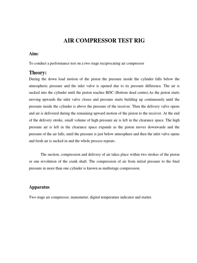 Air Compressor Test Rig Foot Mounted Motor PDF Cylinder (Engine) Pressure