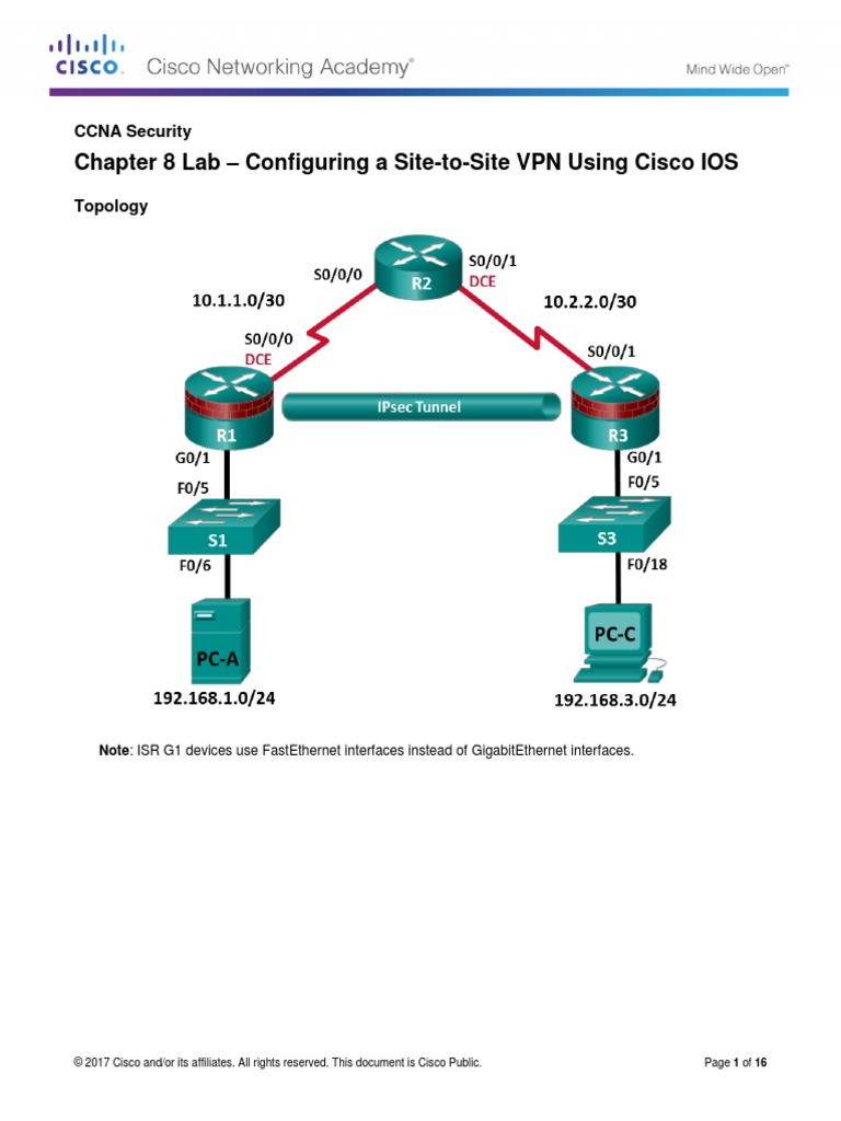 8.4.1.3 Lab - Configure Site-To-Site VPN Using CLI | PDF | Virtual Private  Network | Computer Network