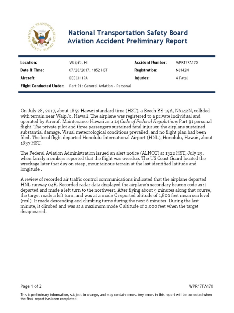 NTSB Preliminary Plane Crash Report, July 2017 Aviation Accidents And
