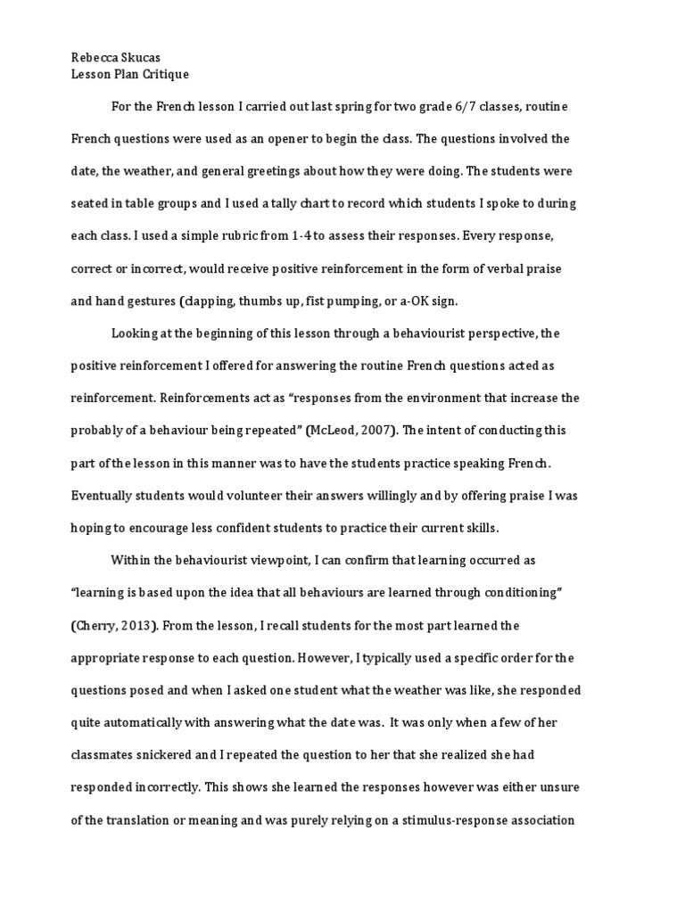 Lesson Plan Critique Education Theory Neuropsychology