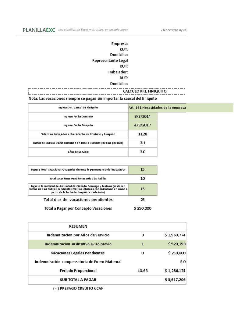 Planilla De Excel De Calculo De Finiquito Chile Business