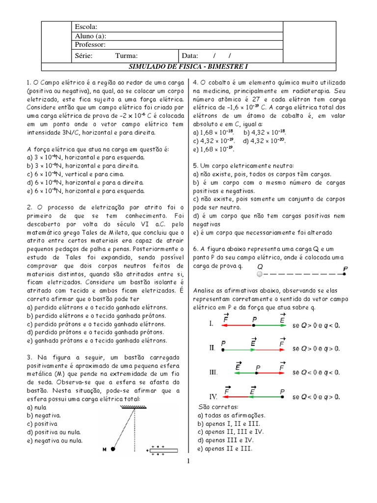 Simulado de Física - 3º Ano Unidade 1 | PDF | Carga elétrica | Campo ...