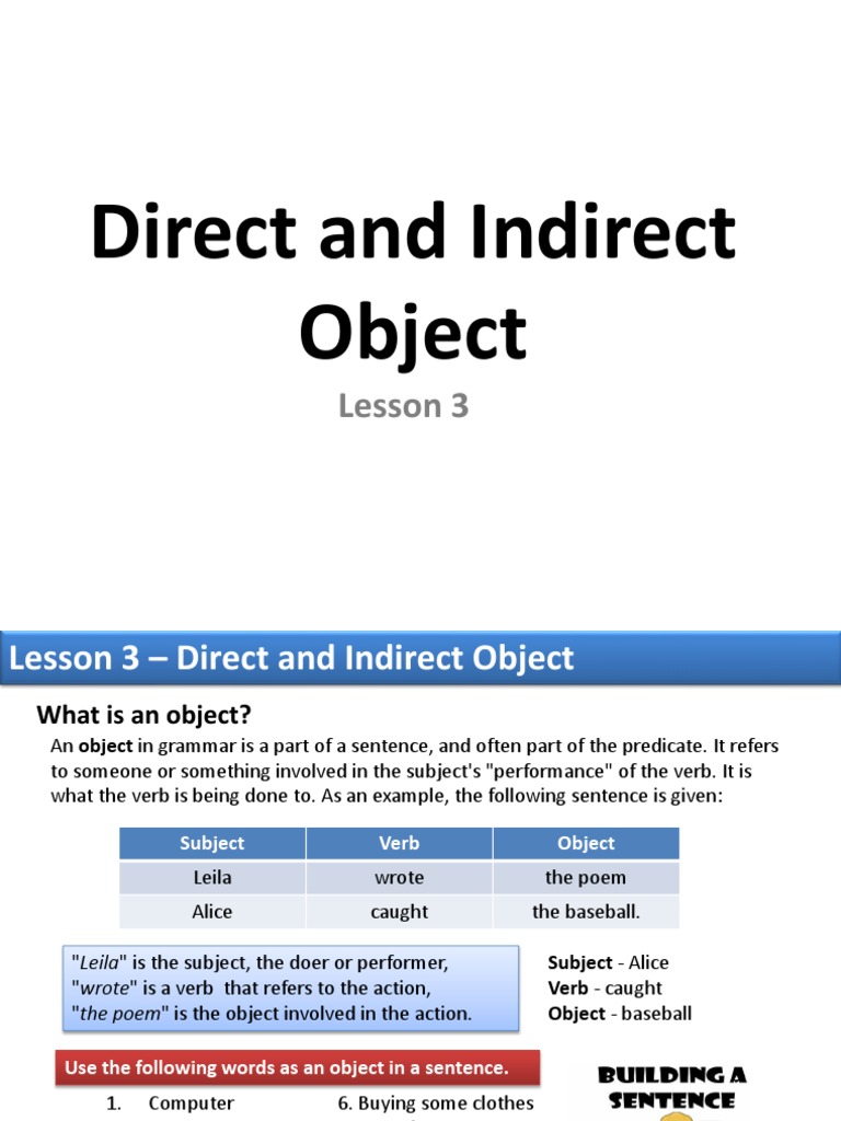 Lesson 3 - Direct and Indirect Object | PDF | Subject (Grammar ...