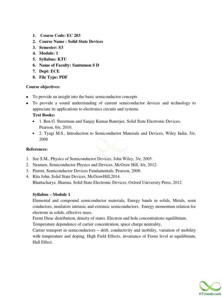 KTU S3 Solid State Devices Syllabus | PDF | Semiconductors | Doping ...