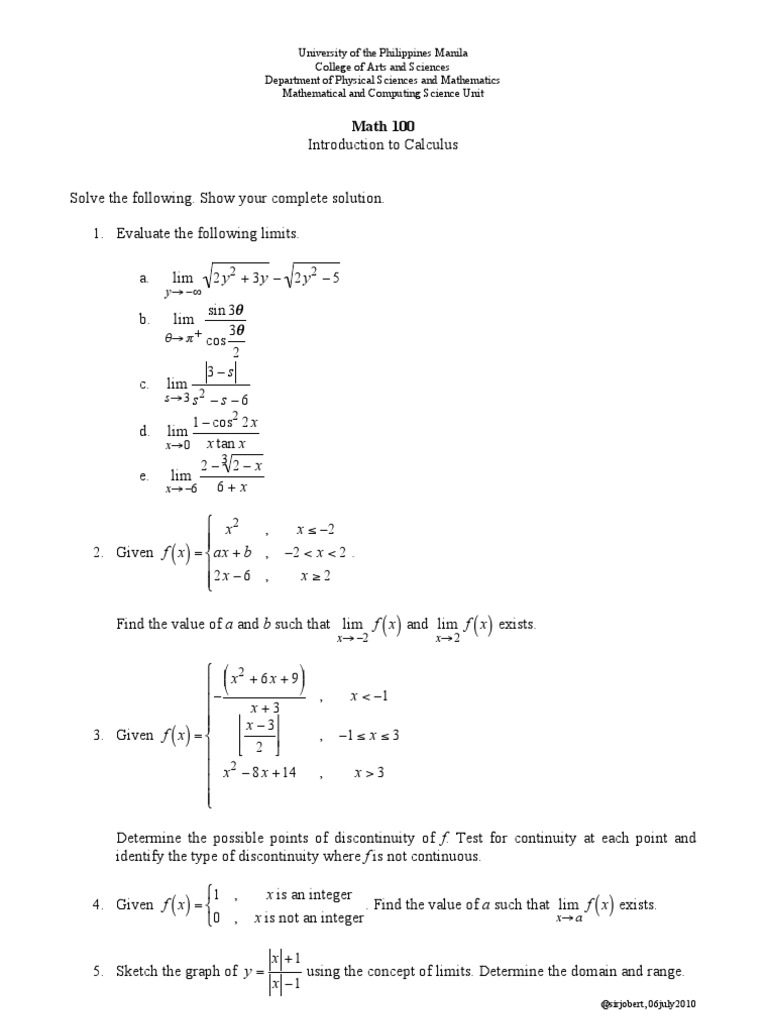 Math 100: Introduction to Calculus Limits | PDF