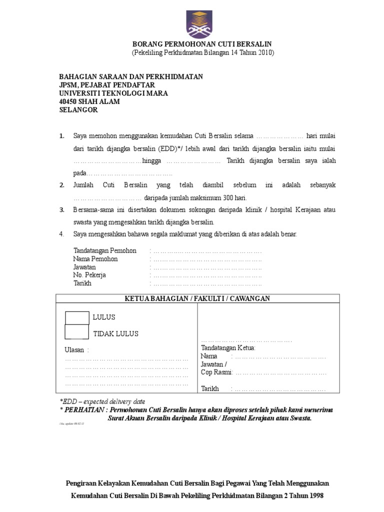 Borang Permohonan Cuti Bersalin Melebihi 60 Hari Pdf
