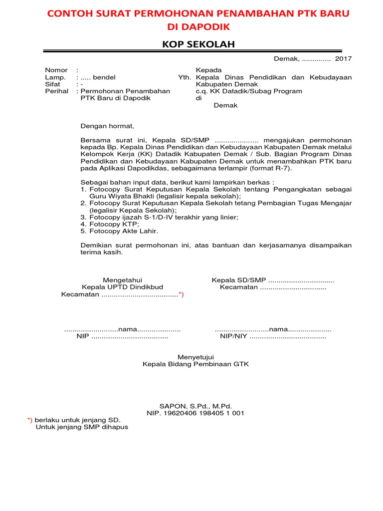 Contoh Surat Permohonan Penambahan Ptk Baru Di Dapodik