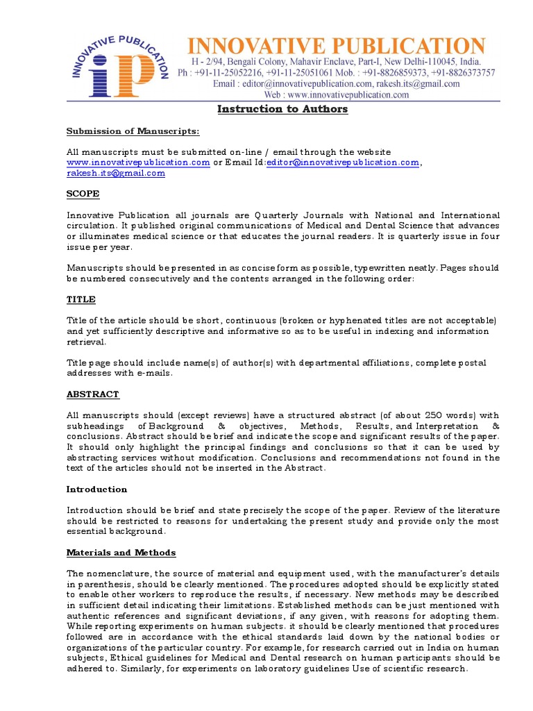 Instruction To Authors Submission Of Manuscripts Download Free Pdf
