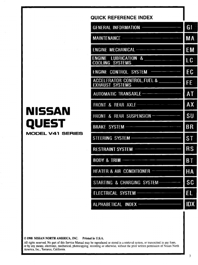 1999 NISSAN QUEST Service Repair Manual PDF | PDF